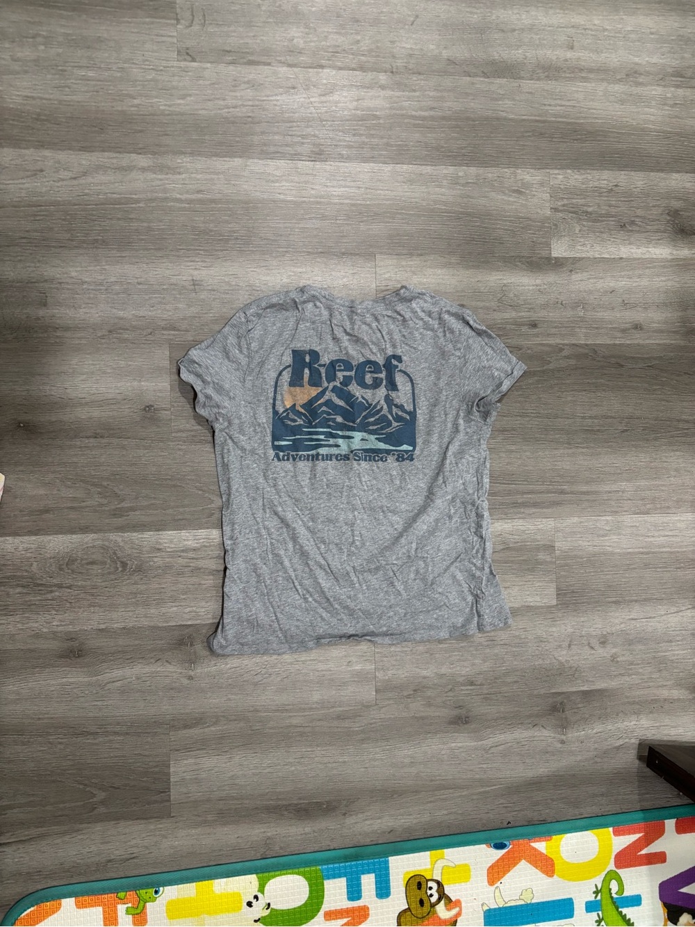 Reef Heather Gray Tee with Blue and Tan Mountain Graphic